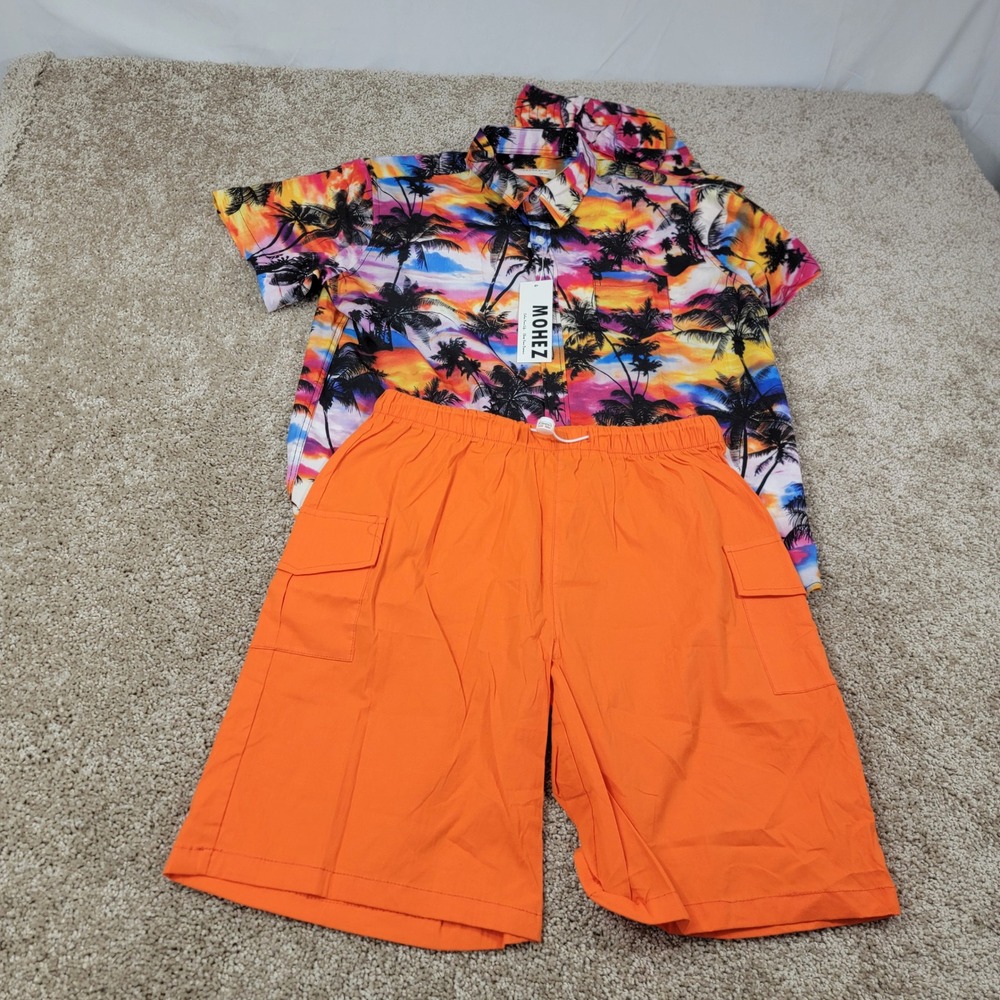 MOHEZ Tropical Outfit Set Palm Tree Print‎ Shirt Orange Shorts Youth 13-14 NWT